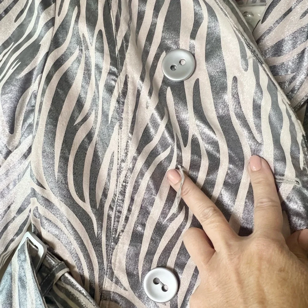 Lisa International Silver Metallic Zebra Print Double Breasted Belted Jacket M